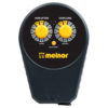 This is an image of a Melnor brand water timer. It has two yellow dials for setting irrigation frequency and duration, and a digital screen.