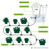 This image depicts a diagram of an automated irrigation system with various components labeled, such as a pump/control unit, pressure regulator, and weighted filter.