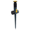 This image shows a black plastic garden sprinkler with adjustable yellow and grey nozzles on a spike for inserting into the ground for watering lawns or gardens.