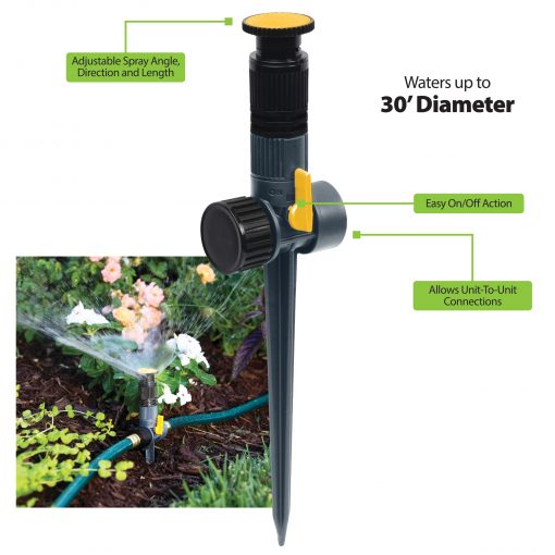 This image displays an adjustable garden sprinkler with features like a 30' diameter spray, unit-to-unit connections, and easy on/off action, set up in a garden.