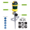 This image depicts a lawn sprinkler with labels for parts like the spray diffuser, pattern selector, angle adjuster, and Flo-Thru base. Coverage options and spray patterns are illustrated.