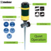 This image depicts a Melnor-brand oscillating lawn sprinkler with a pattern selector, various spray patterns, angle choices, a metal spike, and a Flo-Thru base, noted for quiet operation.