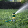 A garden hose with a green and yellow sprinkler attached, spraying water over a lush lawn with a dark mulch background in bright daylight.