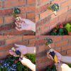 A four-panel image showing hands attaching a hose to an outdoor faucet against a brick wall, with flowers visible in the lower frames.