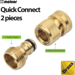 The image shows two brass Melnor Quick Connect pieces for a hose system, including one product adapter and one product end connector.