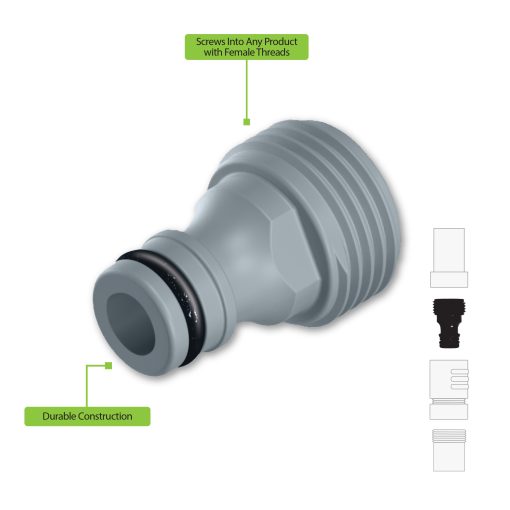 The image shows a gray, durable construction adapter with male threads on one end designed to screw into products with female threads.