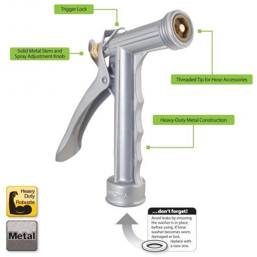 This is a promotional image of a heavy-duty metal hose nozzle with labels pointing to its features, such as spray adjustment knob, trigger lock, and threaded tip.