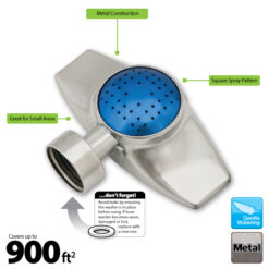 This image displays a metal oscillating lawn sprinkler with annotations highlighting features: square spray pattern, suitability for small areas, and coverage up to 900 ft².