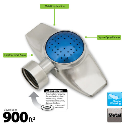 This image displays a metal oscillating lawn sprinkler with annotations highlighting features: square spray pattern, suitability for small areas, and coverage up to 900 ft².