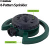 This is an image of a Melnor 8-Pattern stationary sprinkler with a tip-resistant base. It's green and black with labels indicating its main features.