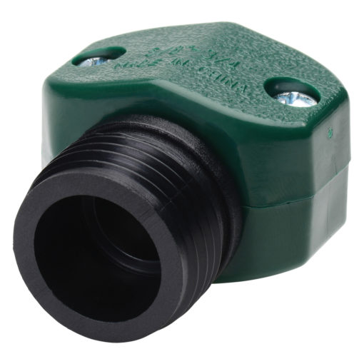 This is an image of a green, hexagonal electrical box connector with a threaded black interior and two screw holes for mounting purposes.