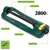 This is an image of a green oscillating lawn sprinkler with labels highlighting its features, such as a flexible tube, 16 nozzles, and a sturdy base.