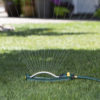 The image shows a lawn sprinkler connected to a garden hose, spraying water arches across a green grassy yard in a bright, sunny outdoor setting.