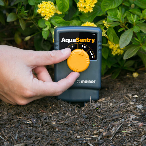 A person's hand is adjusting a yellow dial on a Melnor AquaSentry moisture sensor, which is placed in soil near green shrubbery.