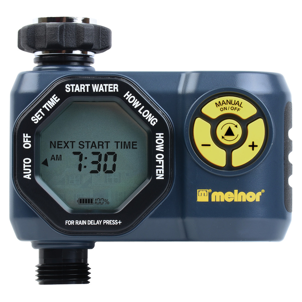 This image shows a digital Melnor brand irrigation timer with an LCD screen displaying the next start time, buttons for settings, and a hose connector.