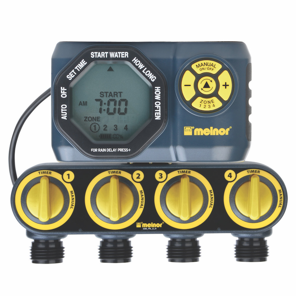 The image shows a Melnor brand automatic water timer with four zones, LCD display, and buttons for programming watering schedules for different garden areas.