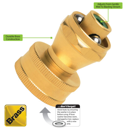 This image features a durable brass hose nozzle with an adjustable spray pattern ranging from gentle mist to blasting stream, highlighted with informative annotations.