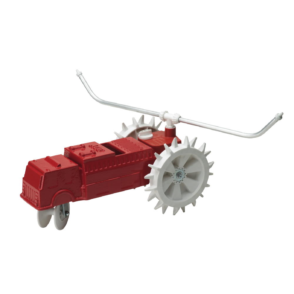 This image features a red toy tractor with large white rear wheels and smaller front wheels. It has prominent steering handles and a simple design.