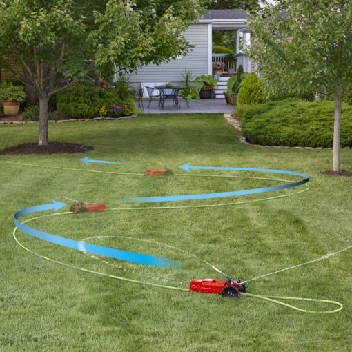 An oscillating sprinkler is watering a well-manicured lawn in a residential garden. Blue arrows illustrate the sprinkler's coverage path between trees and shrubs.