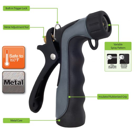 This is a metal core garden hose nozzle with an insulated rubberized grip. It features a variable spray pattern, a metal adjustment nut, and a built-in trigger lock. Safe to 160°F.