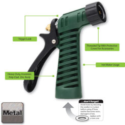 A green and black heavy-duty hose nozzle with features labeled: trigger lock, hot water usage, a threaded tip with cover, and a poly-clad zinc body.