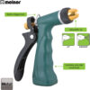 This is an image of a Melnor brand adjustable garden hose nozzle. It features a built-in trigger lock, metal body with insulation, and a variable spray tip.