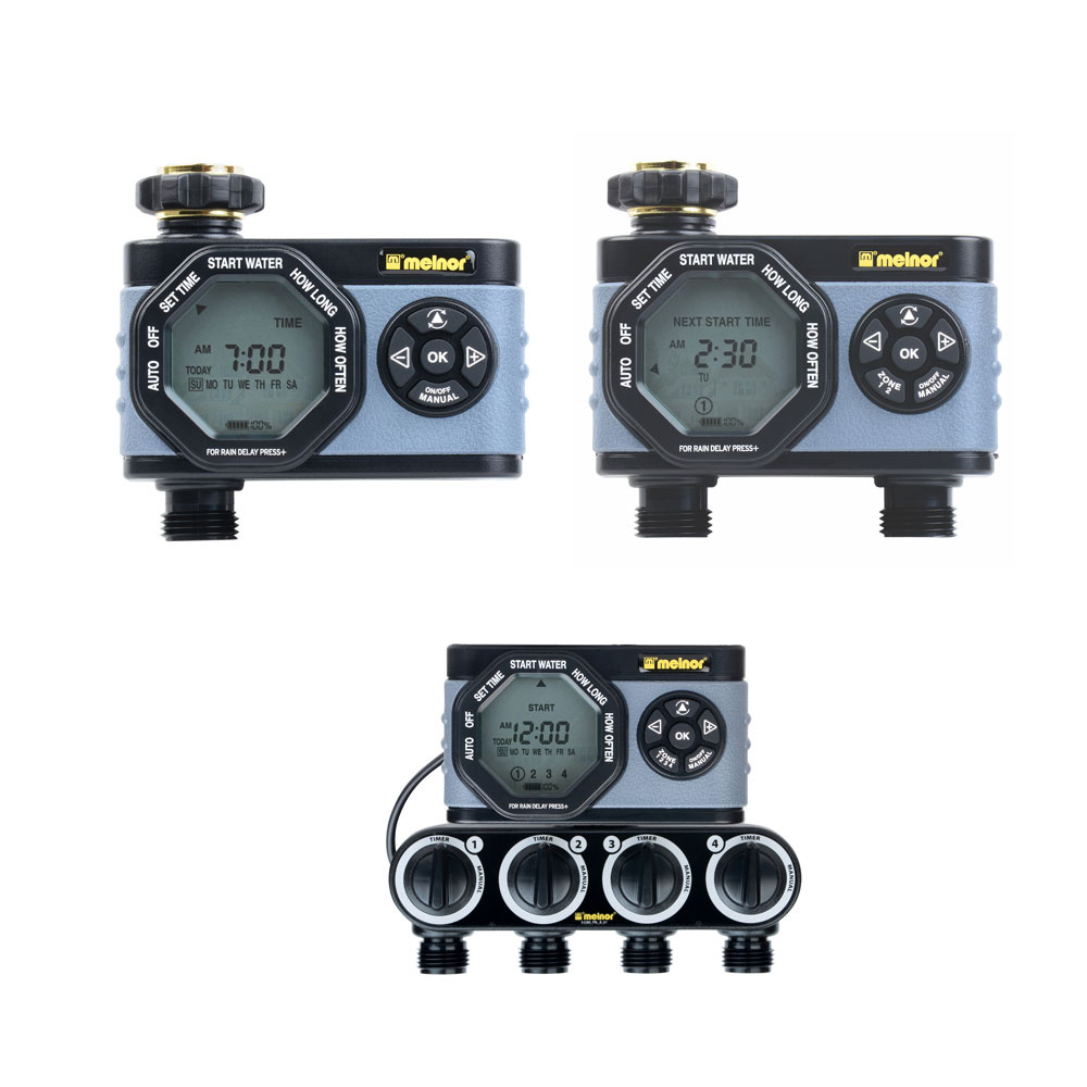 The image shows three different digital hose faucet timers by Melnor, each with a display and buttons for programming water schedules for gardens or lawns.