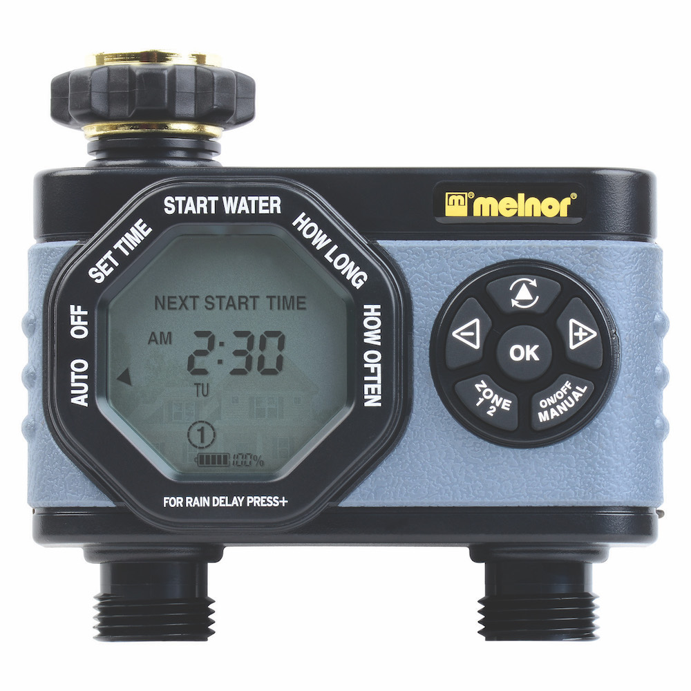 This image shows a digital water timer by Melnor with buttons for programming, a clear LCD display, and hose connectors on the top and bottom.