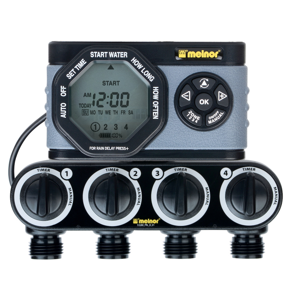 The image shows a digital irrigation timer with four outlets, an LCD screen, a control dial, and buttons for programming watering schedules.