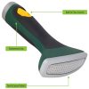 This image shows a green and black garden hose nozzle with a rubberized grip, gentle spray pattern, and a built-in flow control feature.