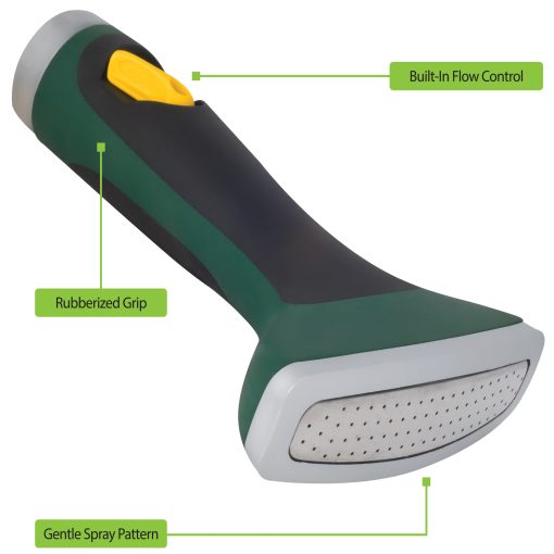 This image shows a green and black garden hose nozzle with a rubberized grip, gentle spray pattern, and a built-in flow control feature.