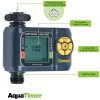 This is an image of an AquaTimer automatic garden hose water timer. It features a large LCD screen, manual dial, and annotations pointing to various functions.