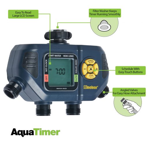 This image shows a "Melnor AquaTimer," a digital programmable water timer with features labeled: large LCD screen, filter washer, easy-touch buttons, and angled valves.