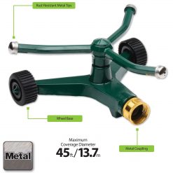 This is an image of a green tripod sprinkler with wheels, rust-resistant metal tips, and a metal coupling. It offers a 45-foot coverage diameter for watering.