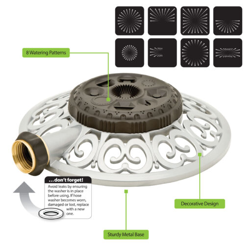 This image features a circular, decorative metal base garden hose nozzle with a rotating head displaying eight different watering patterns, labeled for function and design features.