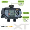 This image shows a digital irrigation timer branded 'HydroLogic XT' with features highlighted: large LCD screen, easy-touch buttons, angled valves, and filter washer.