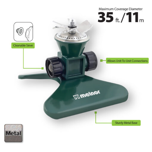 This is an image of a green and black Melnor-branded pulsating sprinkler featuring a sturdy metal base, a cleanable sieve, and unit-to-unit connection capability.