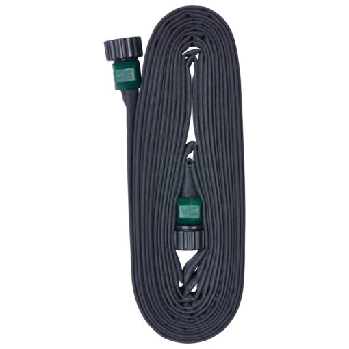 This image shows a neatly coiled black garden hose with green connectors on either end. The hose is likely made of reinforced rubber or vinyl.