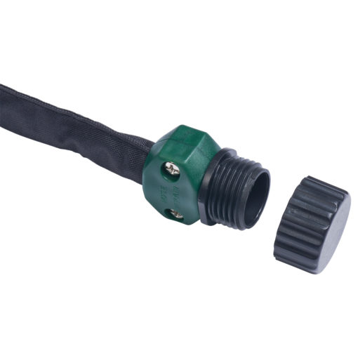 This image shows a garden hose with a green and black nozzle. The screw-on cap is detached and lying next to the hose fitting.