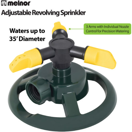 This is an image of an adjustable revolving sprinkler for gardens, featuring three arms with individual nozzles, and it covers up to a 35-foot diameter.