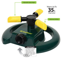 This is an image of a circular green and yellow Melnor brand stationary sprinkler with adjustable spray angle features, capable of watering up to a 35-foot diameter.