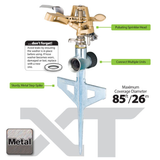 The image shows a brass pulsating sprinkler head mounted on a sturdy metal step-spike with informative labels about features and maintenance tips.