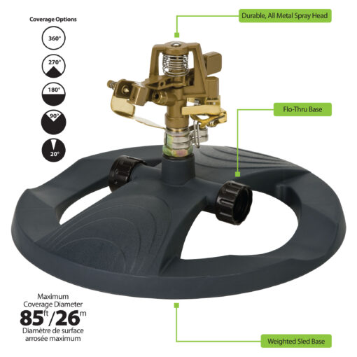 This is a promotional image of an oscillating sprinkler, highlighting features like its all-metal spray head, adjustable coverage options, and weighted sled base.