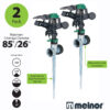 This image displays a two-pack of Melnor pulsating lawn sprinklers with adjustable coverage options, featuring metal spikes for placement in soil and unit-to-unit connections.