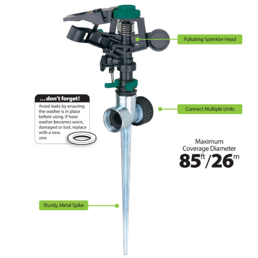 This image depicts a pulsating sprinkler head mounted on a sturdy metal spike, with a maximum coverage diameter of 85 feet or 26 meters, and hose connectors.