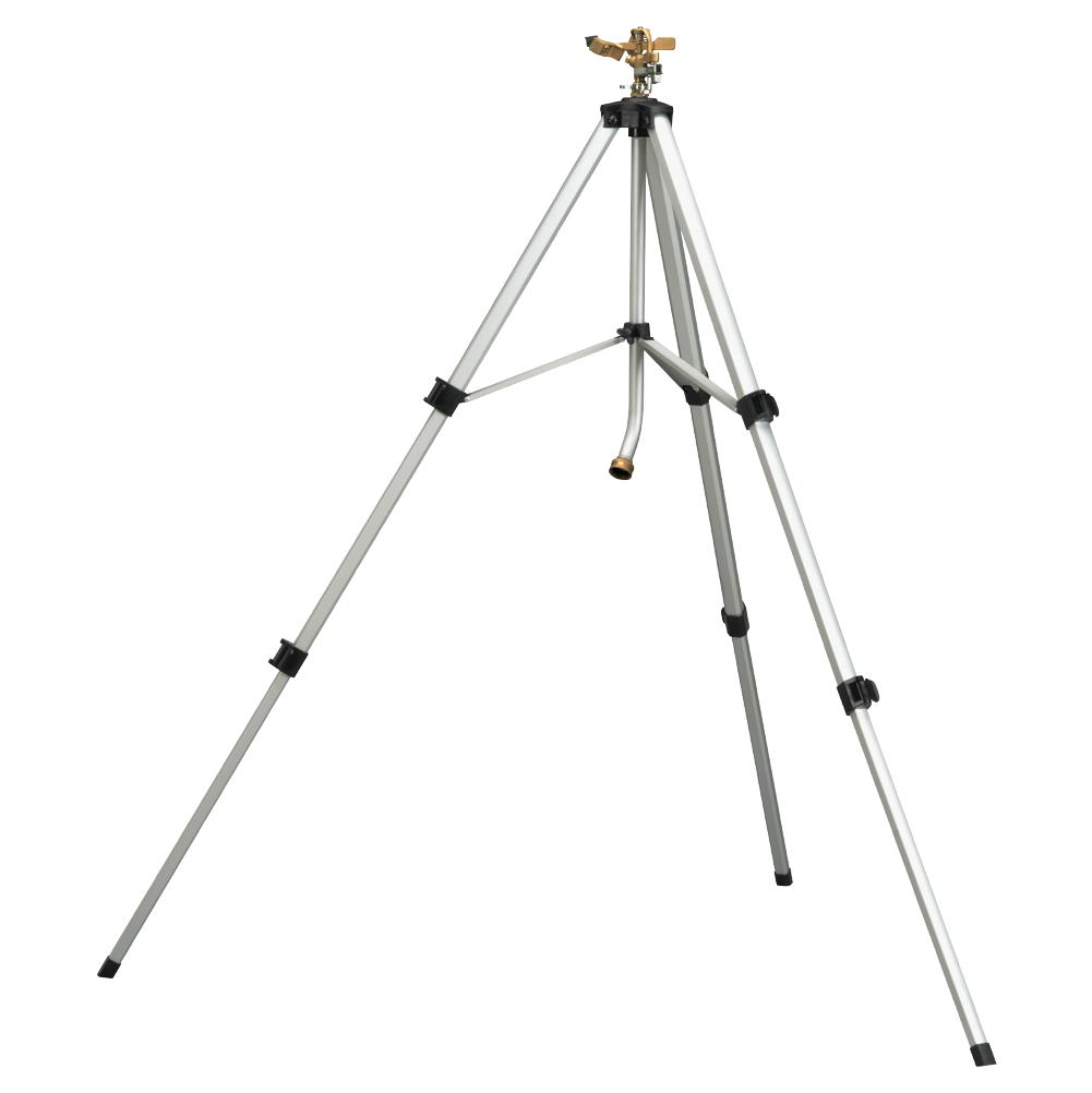 This is a silver-colored metal tripod with adjustable legs and a mounting head. It's designed to support cameras or other equipment for stability.