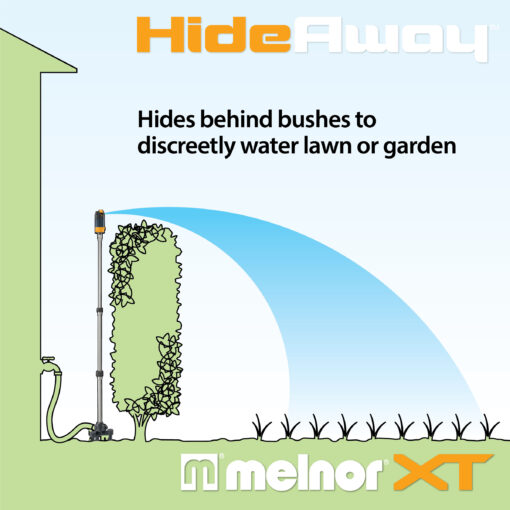 This image features a product called "HideAway" by Melnor XT, a system that hides behind bushes to water lawns or gardens discreetly, with a graphic demonstration.