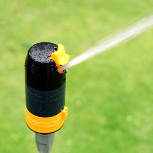 Sprinkler spraying water over a green lawn