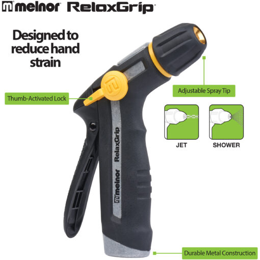 This image shows a Melnor RelaxGrip garden hose nozzle with features like a thumb-activated lock, adjustable spray tip, and durable metal construction highlighted.