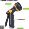 This image features a Melnor RelaxGrip garden hose nozzle with an innovative trigger lock, slip-resistant grip, eight spray patterns, and a metal core.